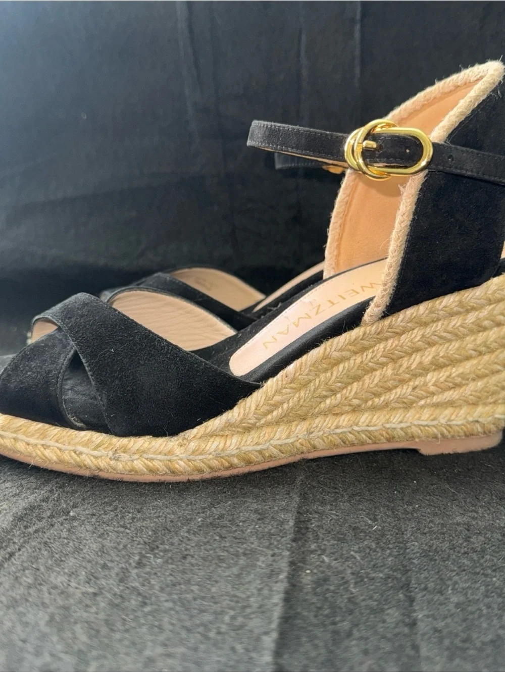 Stuart Weitzman Black Suede Wrap Ankle Buckle Strap Espadrille Wedge Sandals 7
